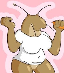 2024 4chan_anon aliasing anthro big_breasts binary_drawing bottomless breasts brown_body carrot casual_exposure cel_shading clothed clothing digital_drawing_(artwork) digital_media_(artwork) eyestalks female food gastropod genitals holding_carrot holding_food holding_object holding_vegetable humanoid_genitalia humanoid_pussy innie_pussy mollusk navel_outline oekaki plant portrait pussy shaded shirt shirt_only slug solo standing three-quarter_portrait three-quarter_view topwear topwear_only vegetable white_clothing white_shirt white_topwear