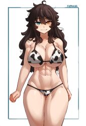 1girls abs ai_generated bra brown_hair cow_print cowprint_bikini heterochromia hismajestyii large_breasts muscular muscular_female novelai pale-skinned_female pale_skin panties seiko_tanaka_(hismajestyii) wide_hips