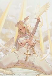 1girls angel angel_wings bare_shoulders bird blonde_hair blush braid breast_curtains breasts cross feathered_wings feathers gloves halo jewelry large_breasts leggings long_hair looking_at_viewer navel open_mouth parted_lips pointy_ears purple_eyes red_eyes sitting skin_tight solo spread_legs suerte white_leggings white_wings wings