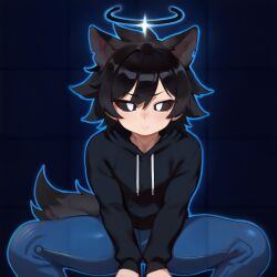 ai_generated black_hair black_halo black_hoodie black_sclera blue_jeans halo male original_character red_spirit thick_thighs tomboy_hairstyle white_eyes white_iris wolf wolf_boy