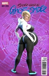 1girls 3d ass back_view belly big_ass big_belly blonde_hair female fredricton gwen_stacy hyper_belly marvel marvel_comics pregnant presenting_hindquarters skintight spider-gwen spider-man_(series)