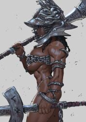 abs armlet armor arung_samudra_(cessa) bikini_armor black_eyes breasts cessa chains dark_skin dual_wielding elden_ring female gladiator gladiatrix hammer helmet highres holding holding_hammer jewelry large_breasts looking_to_the_side muscular muscular_female tarnished thick_thighs thighs veins veiny_arms war_hammer weapon