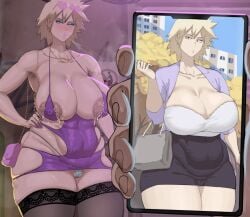 1girls 2d blonde_hair boku_no_hero_academia cyberboi female female_focus light-skinned_female light_skin mitsuki_bakugou multiple_males multiple_penises my_hero_academia phone tagme thighs voluptuous
