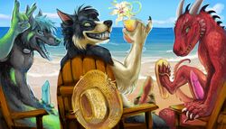 anthro beach border_collie canine canine_penis dragon erection fur furry horn looking_at_viewer looking_back male masturbation nude penis seaside tevionbee tongue tongue_out wolf