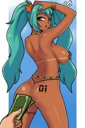 2d 2d_(artwork) armpits arms_up ass athletic athletic_female big_breasts bikini bikini_bottom bikini_tan blue_eyes blue_hair bracelet brazil brazilian brazilian_female brazilian_miku breasts bubble_butt busty covered_nipples cyan_hair earrings eyeshadow female female_focus female_only g-string hatsune_miku hourglass_figure long_hair looking_at_viewer looking_back makeup mascara money nail_polish necklace prostitution rear_view saberrung sideboob standing tagme tan tan_body tan_skin tanline tattoo thigh_tattoo thong thong_bikini topless turquoise_hair twintails vocaloid waist_chain wide_hips