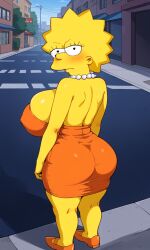 ai_generated angry back_view backboob colored_skin huge_ass huge_breasts lisa_simpson looking_back_at_viewer orange_dress pearl_necklace shortstack sideboob skindentation standing street taut_clothes the_simpsons thick_thighs wide_hips yellow_skin zakvar