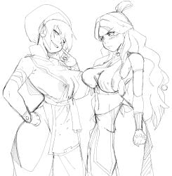 2girls alternate_breast_size annoyed avatar_legends avatar_the_last_airbender blind busty drpizzaboi1 earth_kingdom female female_only grin huge_breasts human katara large_breasts monochrome multiple_girls sketch smug smug_face smug_grin thick_thighs thighs toph_bei_fong water_tribe