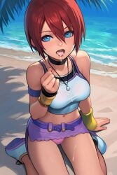 ai_generated beach blue_eyes cum cum_in_mouth cum_on_legs kairi kingdom_hearts red_hair