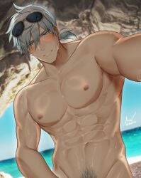 1boy abs asaifrit blush_lines color fate/grand_order male_focus male_only muscles muscular_male percival_(fate) pubes pubic_hair solo_focus sunglasses_on_head sweat