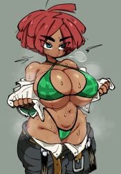 1girls bikini blue_eyes brazilian brazilian_female breasts dark-skinned_female dark_skin female giovanna_(guilty_gear) green_background guilty_gear jellot large_breasts lips red_hair red_head short_hair solo solo_focus suxowell sweat swimsuit thick_thighs thighs undressing wide_hips