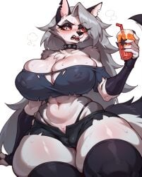 1girls ai_generated anthro anthro_only breasts cameltoe canine demon female female_only furry furry_only hellhound helluva_boss holding holding_drink huge_breasts loona_(helluva_boss) navel nipple_bulge rocksolidart solo solo_female tail thick_thighs vivienne_medrano wide_hips