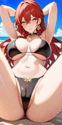 1girls ai_generated amber_eyes ass bare_legs bare_shoulders bare_thighs barely_clothed barely_covered beach belly_button big_breasts bikini bikini_bottom bikini_top black_bikini blush breasts cameltoe close_up commentary_request earrings female female_focus female_only hair hair_between_eyes hair_ornament himeko_(honkai:_star_rail) honkai:_star_rail honkai_(series) hoyoverse lia_the_busty_redhead long_hair long_lashes looking_at_viewer micro_bikini orange_eyes pussy pussy_lips red_hair sand seductive seductive_look seductive_smile self_upload slight_smile smile solo solo_female solo_focus spread_legs squatting tagme thighs vagina water yellow_eyes