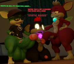 3d_(artwork) anthro ass balls baseball_cap bedroom big_balls big_butt big_penis blender_(artwork) bottomless brown_hair chip_(sonic) clothed clothing dialogue digital_media_(artwork) doommusk eyewear fan_character feet fingerless_gloves genitals glasses gloves grey_hair group hair handwear hat headgear headwear hi_res huge_balls huge_butt huge_cock hyper hyper_balls hyper_butt hyper_genitalia hyper_penis logo_on_clothing male male/male penis sega shirt shirt_only shocked short_stack sonic_the_hedgehog_(series) sonic_unleashed text thick_thighs topwear topwear_only trio vincent_(onyxsplash)