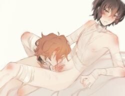 2boys 2male 2males 2men bandage bandaged_arm bandaged_neck bandages black_choker blowjob blowjob_only blush brown_eyes brown_hair bsd bungo_stray_dogs bungou_stray_dogs choker chuuya_nakahara dazai_osamu duo duo_focus laying_back looking_at_partner looking_down male male/male male_focus male_only males males_only nakahara_chuuya oral oral_penetration oral_sex osamu_dazai penis_suck red_hair redhead scar scars scars_on_thighs skinny sucking sucking_penis thin thin_male