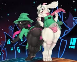 anthro ass balls_outline big_butt black_body black_fur boss_monster_(undertale) bulge clothing deltarune detailed_bulge duo eyewear femboy fur genital_outline glasses hamili hat headgear headwear hi_res male male_only nipples panties ralsei thick_thighs thong undertale_(series) underwear wearing_glasses whie_body white_fur