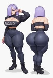 ai_generated ass belt big_breasts blue_eyes boob_window boots booty bubble_butt cleavage cleavage_cutout clothes_writing crop_top curvy dark_lipstick denim detached_sleeves female full_body girl hair_over_one_eye half-closed_eyes heel_boots high_heel_boots high_heels huge_butt impossible_fit jeans kneepits laced_boots large_breasts light_purple_hair lily_(duolingo) lipstick makeup medium_hair midriff multiple_views muscles muscular muscular_female nail_polish narrow_waist pants purple_eyebrows purple_eyeshadow purple_nail_polish purple_nails round_ass simple_background slim_waist standing strapless teezo thick_ass thick_calves thick_thighs thin_waist tight_jeans tiny_waist tube_top white_background