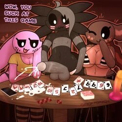 anthro axolotl blush bunny_girl cinnamon_(oxyoxyoxyox) cum embarrassed female femboy huge_cock humanoid hung_trap leaking_cum licorice_(oxyoxyoxyox) marshmallow_(oxyoxyoxyox) oxyoxyoxyox strip_poker