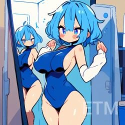 ai_generated blue_eyes blue_hair blue_swimsuit large_breasts mirror mirror_reflection swimsuit tagme