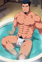 abs ai_generated bara beard biceps big_bulge bulge daddy fundoshi glutenfree_bara japanese_clothing male male_nipples male_only manly mature_male muscular_male naruto naruto_(series) nipples pecs sarutobi_asuma wet