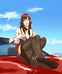 1girls black_legwear bra breasts brown_hair car cleavage cloud cum cum_on_legs cum_on_lower_body echonao199x feet female foot_focus highres large_breasts legs_crossed lips long_hair off_shoulder original purple_bra sitting sky solo thighhighs toes underwear