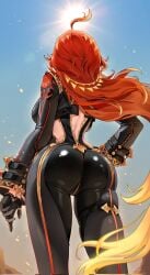 1girls ahoge armor ass back biker_clothes bikesuit black_bodysuit black_gloves blonde_hair bodysuit breasts clothing clothing_cutout cloud curvaceous curvaceous_female curvaceous_figure curvy curvy_figure facing_away female female_focus from_behind genshin_impact gloves hand_on_hip large_breasts long_hair long_sleeves looking_at_viewer looking_back mavuika mavuika_(genshin_impact) median_furrow multicolored_hair orange_hair outdoors red_hair shiny skin_tight sky solo standing sun thighs uncensored very_long_hair voluptuous voluptuous_female weapon