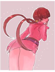 1girls big_butt big_legs clothed clothed_female dress female from_behind hand_on_ass hand_on_butt hand_on_own_ass king_of_fighters light-skinned_female light_skin long_hair long_sleeves looking_at_viewer looking_back ponytail red_hair shermie_(kof) skirt skirt_lift tied_hair tight_clothes tight_clothing