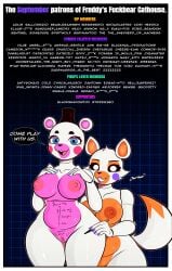 absurd_res animatronic anthro bear belly belly_markings black_sclera blue_eyes breast_grab breasts canid canine clitoris duo female female/female five_nights_at_freddy's five_nights_at_freddy's_world fox freddy_fuckbear's_cathouse_(kevwrite) genitals gradient_background hand_on_breast helpy_(fnaf) hi_res kevwrite lolbit_(fnaf) machine mammal markings multicolored_body nipples orange_body pink_body pinup pose pussy robot scottgames simple_background size_difference speech_bubble text white_body