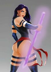 ai_generated ass_focus betsy_braddock clothed elizabeth_braddock female glowing_sword leotard marvel marvel_comics psylocke red_sash tight_leotard webart20