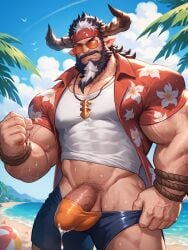 abs ai_generated balls bara beach beard biceps big_balls big_bulge big_penis boyfriendai bulge clothing cum daddy genital_fluids male male_nipples male_only manly mature_male muscular_male nipples pecs penis sweat sweating wet