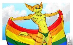 16:10 anthro clothed clothing flag green_eyes hi_res iudicium86 lombax male male_only mammal nipples pride_color_flag ratchet_(ratchet_and_clank) ratchet_and_clank slim small_waist solo solo_male sony_corporation sony_interactive_entertainment thong underwear underwear_only widescreen