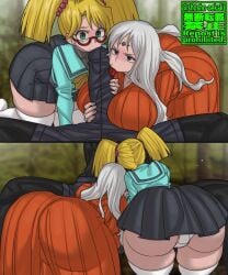 2girls blonde_hair blowjob covered_blowjob dark-skinned_male dark_skin duel_monster erection ffm_threesome fire_princess glasses grabbing_penis huge_ass huge_breasts huge_cock looking_at_viewer multiple_girls multiple_views paizuri panties rebecca_hawkins rebecca_hopkins short_skirt shosho_oekaki skirt thick_thighs threesome twintails white_hair yu-gi-oh! yugioh