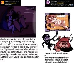 2022 absurd_res accent anthro bean_bag bear blarf022 blarf_(blarf022) bodily_fluids cherry dairy_products date dream drooling english_text female food french_accent fruit hi_res human humanoid kinx_(blarf022) male mammal plant popcorn q&a saliva sherry_bear_(blarf022) sitting sleeping sound_effects text vowelless vowelless_sound_effect watching_movie whipped_cream zzz