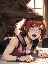 1boy1girl ai_generated ainoob17 anal anal_sex blue_eyes crying crying_with_eyes_open dark-skinned_male doggy_style forced kairi kingdom_hearts pink_dress rape red_hair screaming stable_diffusion tagme tears