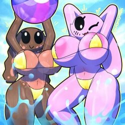 areola_slip arms_behind_back beach beach_ball big_breasts bikini bunny_girl female female_only gold_bikini happy huge_breasts huge_thighs low-angle_view marshmallow_(oxyoxyoxyox) massive_breasts oxyoxyoxyox sweat sweaty_body wink