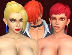 2girls big_breasts blonde_hair blue_eyes breasts busty earrings female huge_breasts king_of_fighters light-skinned_female light_skin long_hair looking_at_viewer mature_(kof) purr purrbomb42 red_eyes red_hair short_hair thick_lips vice_(kof) voluptuous voluptuous_female