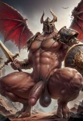 abs ai_generated armor balls bara biceps big_balls big_penis boyfriendai erection helmet male male_nipples male_only muscular_male nipples nude pecs penis precum precum_drip