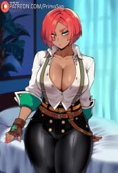 ai_generated blue_eyes brazilian brazilian_female cleavage dark-skinned_female giovanna_(guilty_gear) gloves guilty_gear large_breasts looking_at_viewer pants primosan red_hair shirt short_hair standing thick_thighs