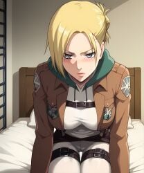 ai_generated annie_leonhardt attack_on_titan belt big_ass big_breasts big_butt blonde_hair blush brown_belt brown_jacket female female_focus female_only green_cloak grey_eyes long_legs narrow_waist retair18 sexy_pose shingeki_no_kyojin straps symbol thick_lips thigh_strap tied_hair uniform white_pants white_shirt wide_hips