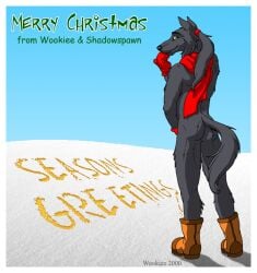 2000 anthro ass biped bodily_fluids canid canine christmas clothing english_text fur genital_fluids grey_body grey_fur hair handwear holiday_message holidays male mammal mittens peeing peeing_on_ground ponytail scarf snow solo text urine wooky