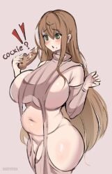 ! 1girls ? artist_name belly blush breasts brown_hair cookie cowboy_shot detached_sleeves english_text food food_on_face green_eyes hands_up hi_res holding holding_food huge_breasts icing long_hair meme_attire nail_polish navel neet_girl_(noiretox) noiretox original phallic_symbol pink_background plump red_nails revealing_clothes sidelocks sleeveless sleeveless_sweater solo standing sweater symbol-only_commentary thick_thighs thighs virgin_destroyer_sweater