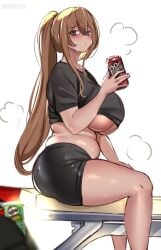 1girls arm_support artist_name bags_under_eyes blurry blurry_foreground blush breasts brown_hair can closed_mouth doritos dot_mouth dr_pepper drink feet_out_of_frame from_side furrowed_brow green_eyes hair_between_eyes hi_res holding holding_can huge_breasts long_hair looking_at_viewer looking_to_the_side neet_girl_(noiretox) noiretox original plump ponytail pringles pringles_can puff_of_air shirt short_sleeves shorts sidelocks simple_background sitting solo straddling sweat t-shirt thick_thighs thighs underboob