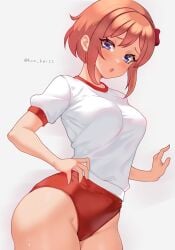 1girls bloomers blue_eyes blush buruma cameltoe doki_doki_literature_club exhausted gym_uniform hair_bow hand_on_hip highleg_bloomers kun_kaiss light-skinned_female light_skin medium_breasts open_mouth pink_hair puffy_short_sleeves puffy_sleeves red_bloomers red_bow red_buruma sayori_(doki_doki_literature_club) shirt short_hair short_sleeves skindentation solo sweat sweaty thick_thighs twitter_username white_shirt