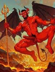 abs ai_generated balls bara beard biceps big_balls big_penis boyfriendai demon demon_horns devil devil_horns erection male male_nipples male_only muscular_male nipples nude pecs penis red_body red_skin