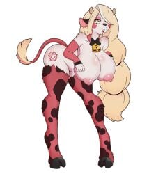 1girls ass big_breasts big_butt bimbo bimbofication blonde_hair bow bowtie breasts charlie_morningstar_(hazbin_hotel) cow_bell cow_ears cow_girl cow_print cowbell cowification drool drool_string drooling drooling_tongue dull_eyes female female_only hazbin_hotel headgear heart horns_and_hooves hypnosis mind_break mind_control open_mouth pentagram pentagram_tattoo pqfjpqfzh thick_thighs thighs tongue tongue_out transformation wrenzephyr2