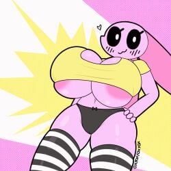 abstract_background animated_gif bedroom_eyes big_breasts breasts_bigger_than_head female female_only gif huge_breasts low-angle_view marshmallow_(oxyoxyoxyox) massive_breasts oxyoxyoxyox pink_body shirt_lift simple_background smile swinging_breasts