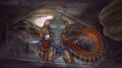 anthro anthrofied athletic athletic_anthro athletic_male cave clothed clothing clothing_around_one_leg dragon dripping eel feet fin fish hi_res horn looking_pleasured lunix male marine moray_eel multicolored_body muscular mythological_creature mythological_scalie mythology orange_body partially_clothed partially_submerged presenting presenting_abs reinkorn scalie scalie_tail smile smiley_face solo swimming_trunks swimming_trunks_down swimwear tail tail_fin undressing undressing_self water wet white_body yellow_eyes