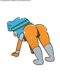 ass_up bent_legs bent_over big_ass big_butt blue_hair body_fluids cartoon_network flight_attendant_(the_amazing_world_of_gumball) leotard orange_skin the_amazing_world_of_gumball the_cartoon_love tight_clothing tight_dress workout workout_clothes workout_clothing