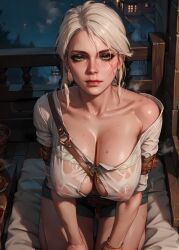 ai_generated big_breasts breasts ciri clothing eepol female green_eyes light-skinned_female looking_at_viewer night nipples_visible_through_clothing scar solo the_witcher_(series) the_witcher_3:_wild_hunt wet_body white_hair