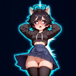 ai_generated black_hair black_hoodie black_sclera black_thigh_highs black_thighhighs blue_skirt crop_top genderbend hairless_pussy midriff no_panties no_panties_under_skirt nopan open_mouth red_spirit shocked shocked_expression skirt skirt_lift thick_thighs thighhighs tight_pussy white_eyes white_iris wide_eyed wind_lift wolf_ears wolf_girl wolf_tail