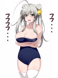 ahoge alternate_hairstyle bare_shoulders blush breasts chance_m double_bun female green_eyes haiyore!_nyaruko-san large_breasts long_hair looking_at_viewer nyarlathotep_(nyaruko-san) one-piece_swimsuit open_mouth pussy_juice silver_hair simple_background smile solo swimsuit thighhighs tied_hair twintails white_background white_legwear